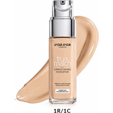 Amour Amour True Match Nemlendirici Likit Fondöten (30 Ml) – Hyaluronik Asitli, 24 Saat Kalıcı & Terlemeye Dayanıklı Doğal Bitiş