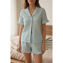 Kare Desenli Fırfır Detaylı Şortlu Pijama Takımı 8070 Yeşil