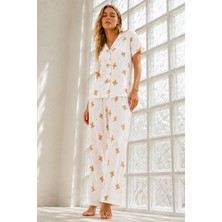 Kadın Genç Loose Ipliği Boyalı Kırık Beyaz Pijama Takımı