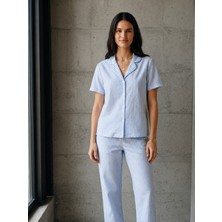 V Yaka Düğmeli Casual Mavi Pijama Takımı