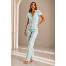 Kadın Kısa Kol Rahat Kalıp Şık Su Yeşili Pijama Takımı