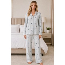 Kadın Casual Esnek Bol Mavi Pijama Takımı 4671