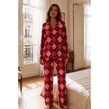 Kadın Relax Fit Düğme Kırmızı Pijama Takımı