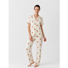 Regular V Yaka Günlük Kırık Beyaz Pijama Takımı