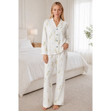 Kadın Desenli Beyaz Pijama Takımı 4674