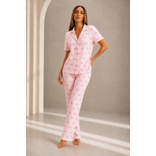 Kadın Kısa Kol Rahat Kalıp Şık Pembe Pijama Takımı