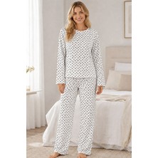 Kadın Kalpli Uzun Kol Rahat Pijama Takımı 4673 Beyaz
