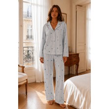 Kadın Relax Fit Düğme Mavi Pijama Takımı