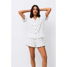 Kadın Desenli Trend Beyaz Pijama Takımı