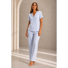 Kadın Kısa Kol Rahat Kalıp Şık Mavi Pijama Takımı