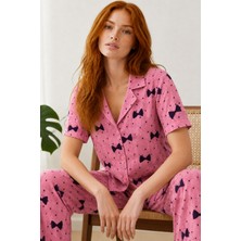 Kadın Kısa Kol Desenli Pembe Pijama Takımı 4729