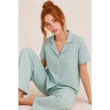 Kare Desenli Bürümçük Kumaş Kısa Kollu Pijama Takımı 6065 Su Yeşili