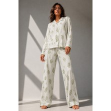 Kadın Uzun Kol Pamuklu Çağla Yeşili Pijama Takımı