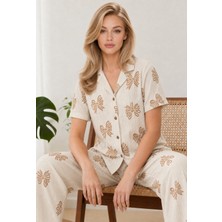 Kadın Kısa Kol Desenli Ekru Pijama Takımı 4739