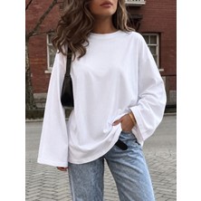 Öz Pamuk Kadın Soft  Bisiklet Yaka Oversize Içi Polarlı Uzun Geniş Kollu Sweatshirt
