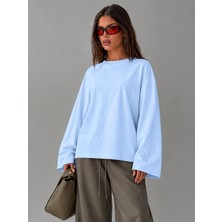 Öz Pamuk Kadın Soft  Bisiklet Yaka Oversize Içi Polarlı Uzun Geniş Kollu Sweatshirt