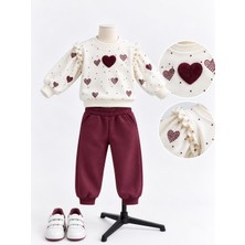Joy Kids Kız Çocuk 3 Iplik Şardonlu Kalp Desenli Takım (2-5yaş) (Bordo)