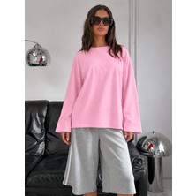 Öz Pamuk Kadın Soft  Bisiklet Yaka Oversize Içi Polarlı Uzun Geniş Kollu Sweatshirt