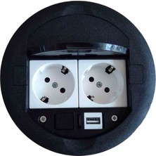 Ne-Ad Siyah Gömme Tip Masa Üstü Priz Kutusu 2 Ad. Priz + 1 Ad. USB Geçiş Özellikli