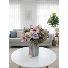 Sedosh Home Vision Özel Tasarım El Boyama Cam Vazoda Yapay Pembe Yeşil Lila Çiçek Aranjmanı H35 Çap 30