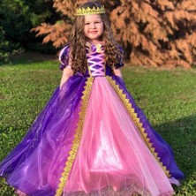 Peonia Kids Rapunzel Kız Çocuk Elbise Mor Taçlı Pelerinli Tarlatanlı Prenses Kostümü