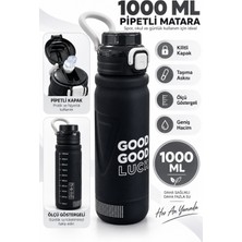 Güzelyüz Avm Siyah Good Luck Matara Kilitli Kapak Pipetli 1000 ml Suluk Kapaklı Su Şişesi Öğrenci Okul Spor Matarası 9493