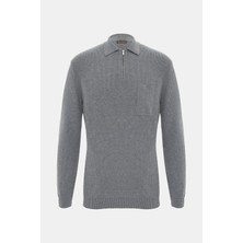 Vakko Grey Melange Polo Collar Knit Sweater