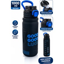 Güzelyüz Avm Siyah Good Luck Matara Kilitli Kapak Pipetli 1000 ml Suluk Kapaklı Su Şişesi Öğrenci Okul Spor Matarası 9493