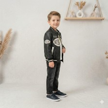 Minimoa Kids Erkek Çocuk Siyah Suni Deri Motorcu Tarz Fermuarlı Mont