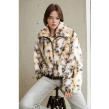 Qimya Butik Robin Kadın Beli Deri Tünelli Astarlı Leopar Desenli Suni Kürk Mont