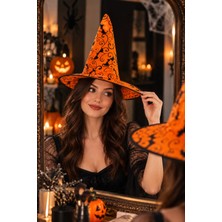 Dodomar Halloween Turuncu Dev Yarasa Desenli Cadı Şapkası Siyah Motifli Cadılar Bayramı Kostüm Aksesuarı