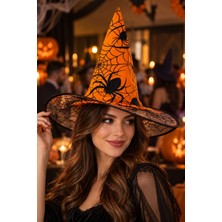 Dodomar Halloween Turuncu Dev Örümcek Desenli Cadı Şapkası Ağ Detaylı Cadılar Bayramı Kostüm Aksesuarı