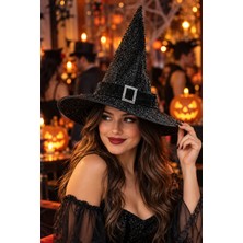 Dodomar Halloween Siyah Simli Cadı Şapkası 32 cm Taşlı Tokalı Kemerli Cadılar Bayramı Kostüm Aksesuarı