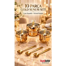 Bymyhand Gold Renk Paslanmaz Çelik  Cam Kapaklı Kristal Kulplu  10 Parça Sunum Seti Tuzluk & Karabiberlik