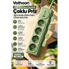 Nemere 4’lü Akıllı Priz Tek Dokunuşla Fiş Çıkarma 2 Metre Kablo 2 Type-C + USB 15W Hızlı Şarj 3