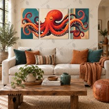 Gaagart 3’lü Kanvas Tablo Seti Orta Kare Yanlar Dikey Kırmızı Ahtapot Figürlü Deniz Temalı Retro Modern Salon Duvar Dekoru