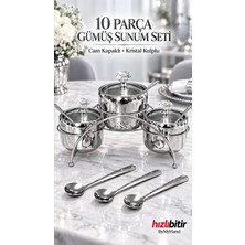Bymyhand Gümüş Renk Paslanmaz Çelik  Cam Kapaklı Kristal Kulplu  10 Parça Sunum Seti Tuzluk & Karabiberlik