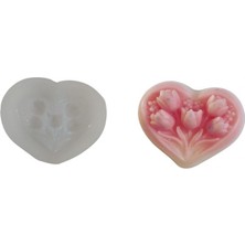 Depposite Silikon 3D Dekoratif Kalp Üzeri 5 Li Gül Kabartmalı Model Kalıp Mum,taş Tozu ve Beton Kalıbı 7.2x6 cm