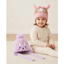 Recos (2-6yaş) 2li Set Kız Çocuk  Welsoft Bere Kulak Korumalı Kışlık Tavşan Şapka Bere  Peluş Bere