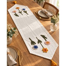 Fuens Punch Işlemeli Çiçek Desenli Keten Dekoratif Vintage Bohem 140X35 Runner Masa Süsü Örtüsü R008