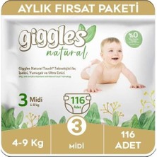 Tr Natural 3 Numara Midi Pamuklu Bebek Bezi, 4-9 Kg, 116 Adet Aylık Fırsat Paketi