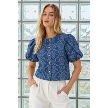 Asfaha Fashion Kadın Mavi Desenli Denim Balon Kol Düğmeli Kot Gömlek / Bluz