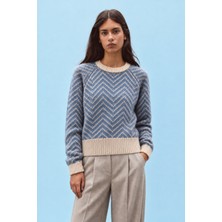 Asfaha Fashion Kadın Mavi Krem Zikzak Desenli Bisiklet Yaka Triko Kazak