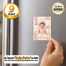 Hediye Baskıcı Gökkuşağı Temalı 1 Yaş Fotoğraflı Buzdolabı Magneti (6x9 Cm) 9 Adet – Isimli Doğum Günü Magneti