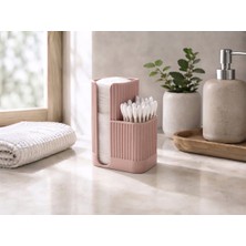 Japandi Stil Çizgili Banyo Organizeri | Çift Hazneli Pamukluk ve Kulak Çubuğu Kutusu