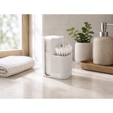 Japandi Stil Çizgili Banyo Organizeri | Çift Hazneli Pamukluk ve Kulak Çubuğu Kutusu