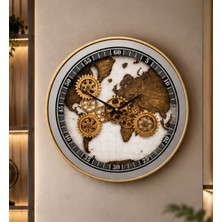 Yağmur Sanat Evi 60 cm Hareketli Çarklı, Old Maps Gri, Metal Kasa ,önü Camlı Duvar Saati