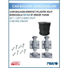 Glassmakro Gri Cam Balkon Kilidi | Emniyet Plastik Tombul Kilit | Boncuklu Siyah Ip Zincir Takım Seti