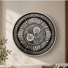 Yağmur Sanat Evi 60 cm Hareketli Çarklı, Lyon Gümüş Eskitme, Metal Kasa ,önü Camlı Duvar Saati