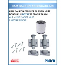 Glassmakro Gri Cam Balkon Kilidi | Emniyet Plastik Tombul Kilit | Boncuklu Beyaz Ip Zincir Takım Seti